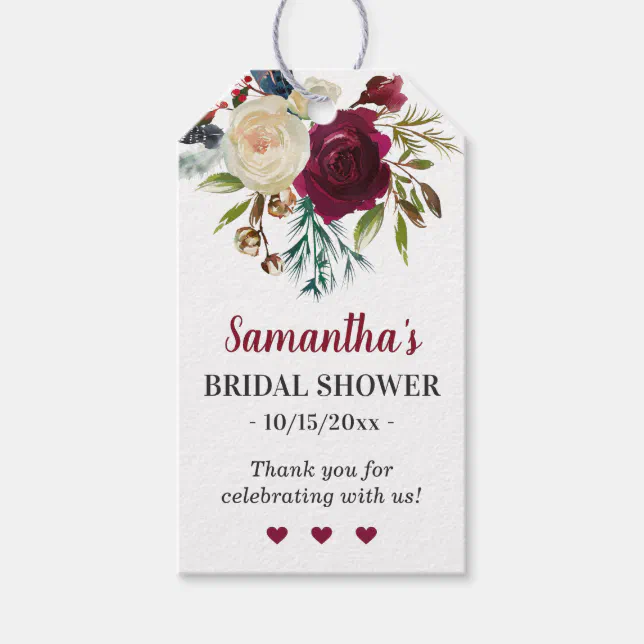 Marsala Burgundy Floral Bridal Shower Guest Favor Gift Tags | Zazzle
