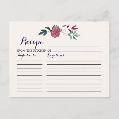 Marsala Burgundy Floral Bridal Shower Recipe Cards