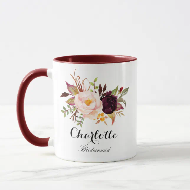 Marsala burgundy Floral bridesmaid Mug | Zazzle