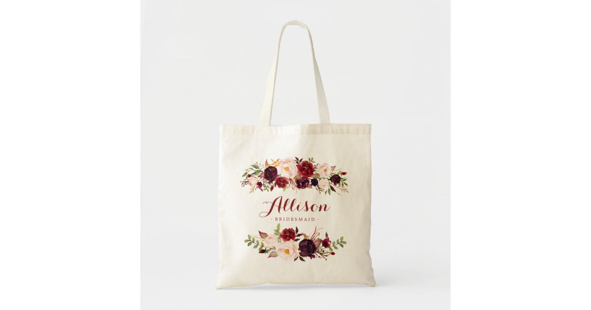Marsala burgundy floral Bridesmaid Personalized Tote Bag | Zazzle.com