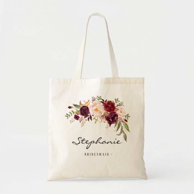 Marsala burgundy floral Bridesmaid Personalized Tote Bag (Front)