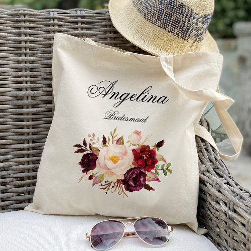 Marsala burgundy floral Bridesmaid Personalized Tote Bag