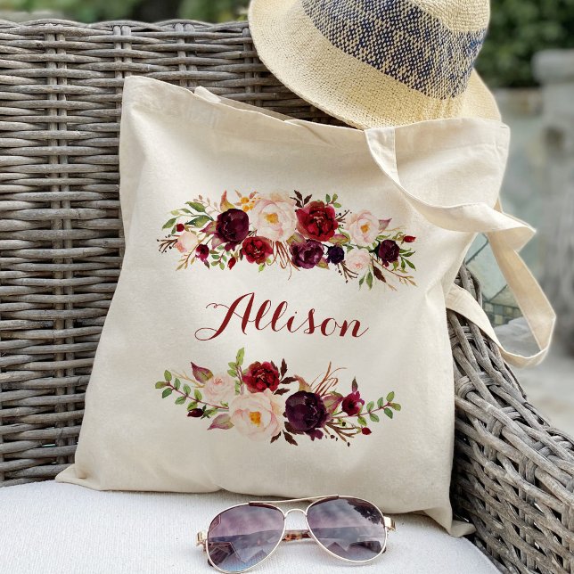 Marsala burgundy floral Bridesmaid Personalized Tote Bag (Creator Uploaded)