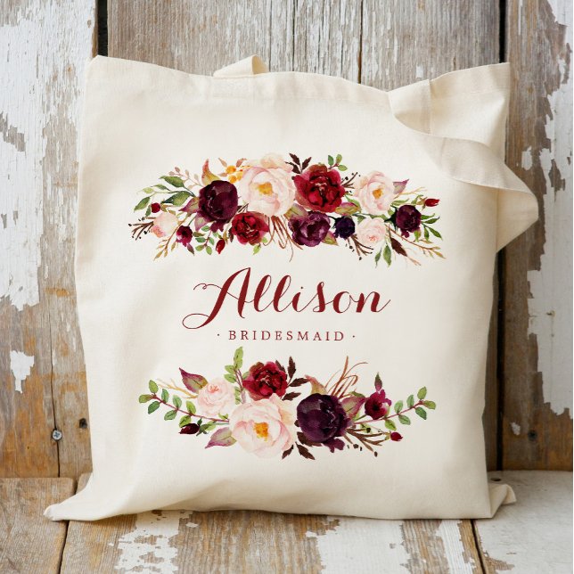 Marsala burgundy floral Bridesmaid Personalized Tote Bag (Creator Uploaded)