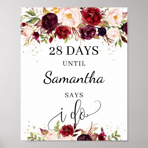 Marsala burgundy floral gold boho countdown sign