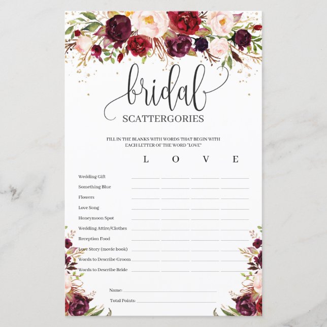 Marsala burgundy floral gold Bridal Scattergories (Front)