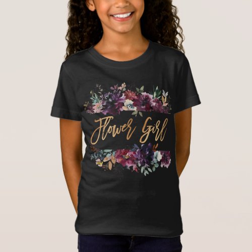 Marsala Burgundy Floral Gold Foil Flower Girl T_Shirt