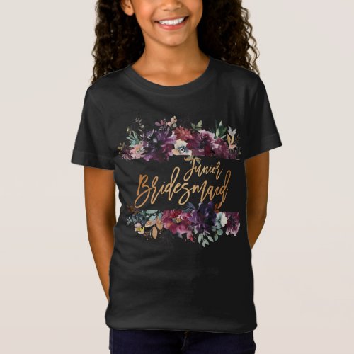 Marsala Burgundy Floral Gold Foil Jr Bridesmaid T_Shirt
