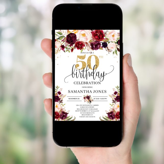 Marsala burgundy floral gold glitter 50th birthday invitation (Front Digital)