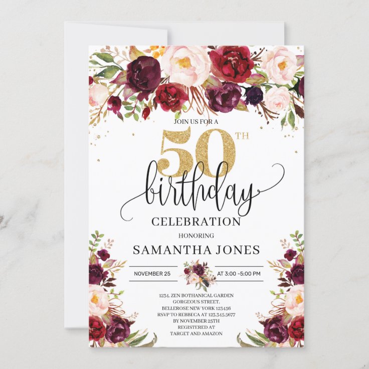 Marsala burgundy floral gold glitter 50th birthday invitation | Zazzle