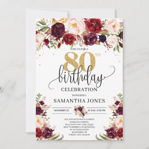 Marsala burgundy floral gold glitter 80th birthday