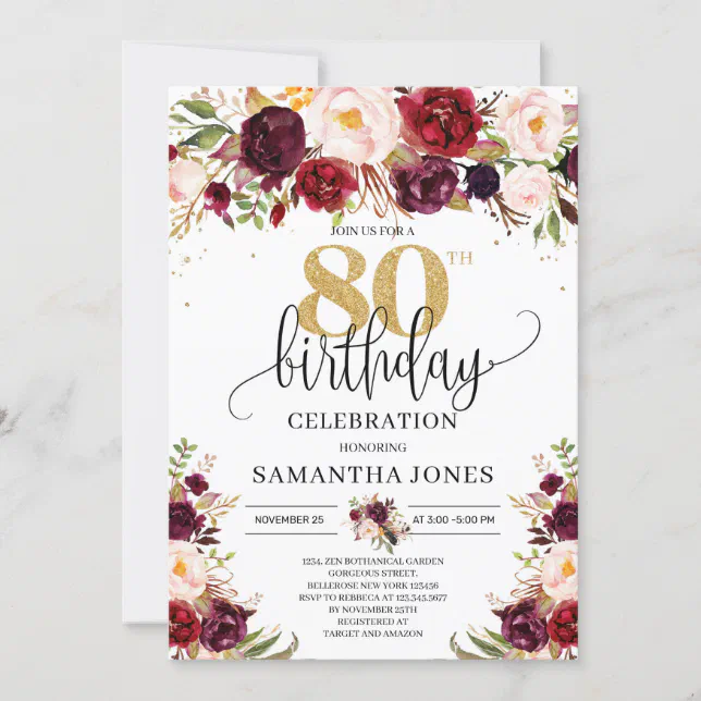 Marsala burgundy floral gold glitter 80th birthday invitation | Zazzle