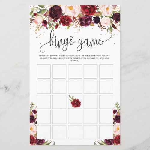 Marsala burgundy floral gold rustic bingo game