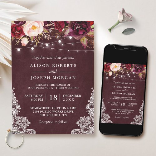 Marsala Burgundy Floral Lace String Lights Wedding Card