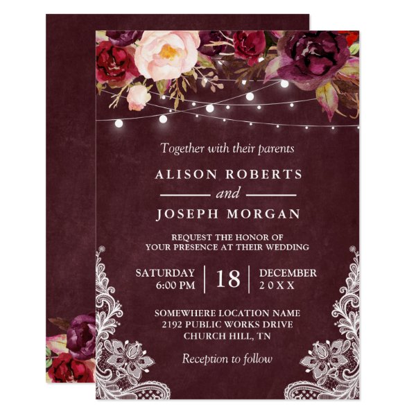 256989748514998556 Marsala Burgundy Floral Lace String Lights Wedding Invitation