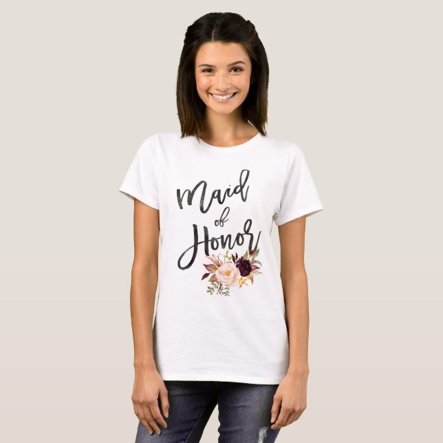Marsala burgundy Floral maid of honor T-Shirt | Zazzle