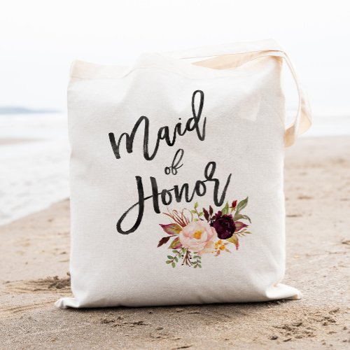 Marsala burgundy Floral maid of honor Tote Bag