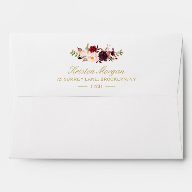 Marsala Burgundy Floral Navy Blue & Return Address Envelope