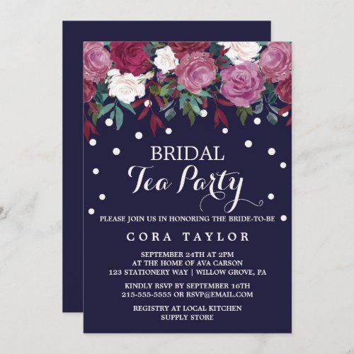 Marsala  Burgundy Floral on Navy Bridal Tea Party Invitation