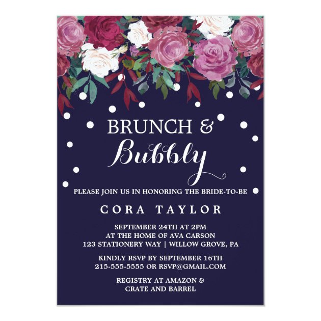 Marsala & Burgundy Floral On Navy Brunch & Bubbly Invitation