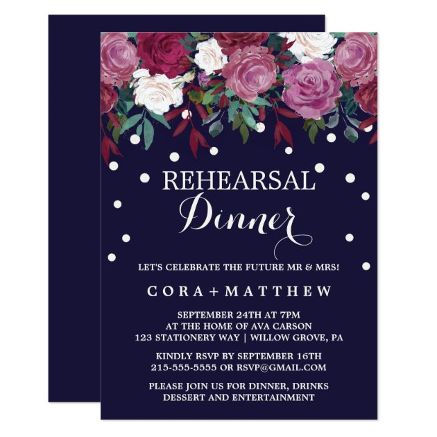 Marsala & Burgundy Floral On Navy Rehearsal Dinner Invitation