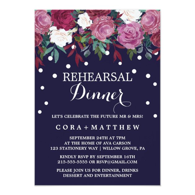 Marsala & Burgundy Floral On Navy Rehearsal Dinner Invitation