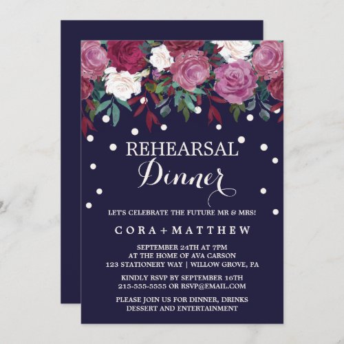Marsala  Burgundy Floral on Navy Rehearsal Dinner Invitation