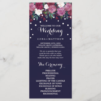 Marsala & Burgundy Floral on Navy Wedding Program