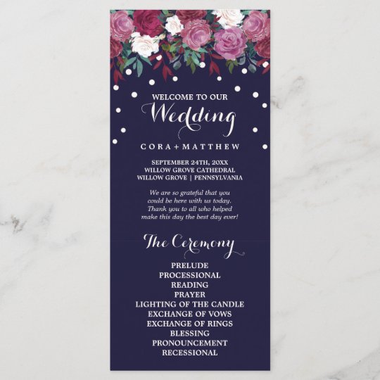 Marsala Burgundy Floral On Navy Wedding Program Zazzle Com