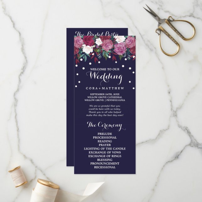 Marsala & Burgundy Floral on Navy Wedding Program (Front/Back In Situ)