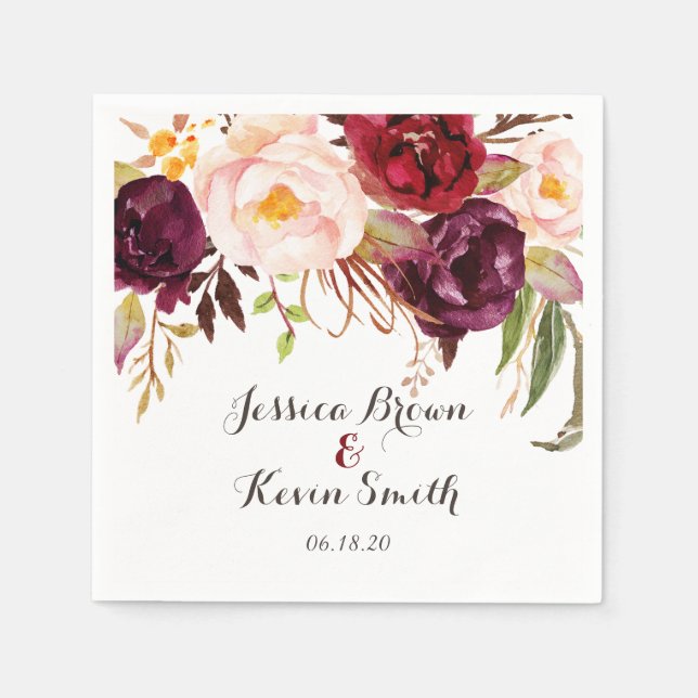 Marsala Burgundy Floral Personalized Wedding-2 Napkins (Front)