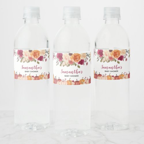 Marsala Burgundy Floral Pumpkin Water Bottle Label