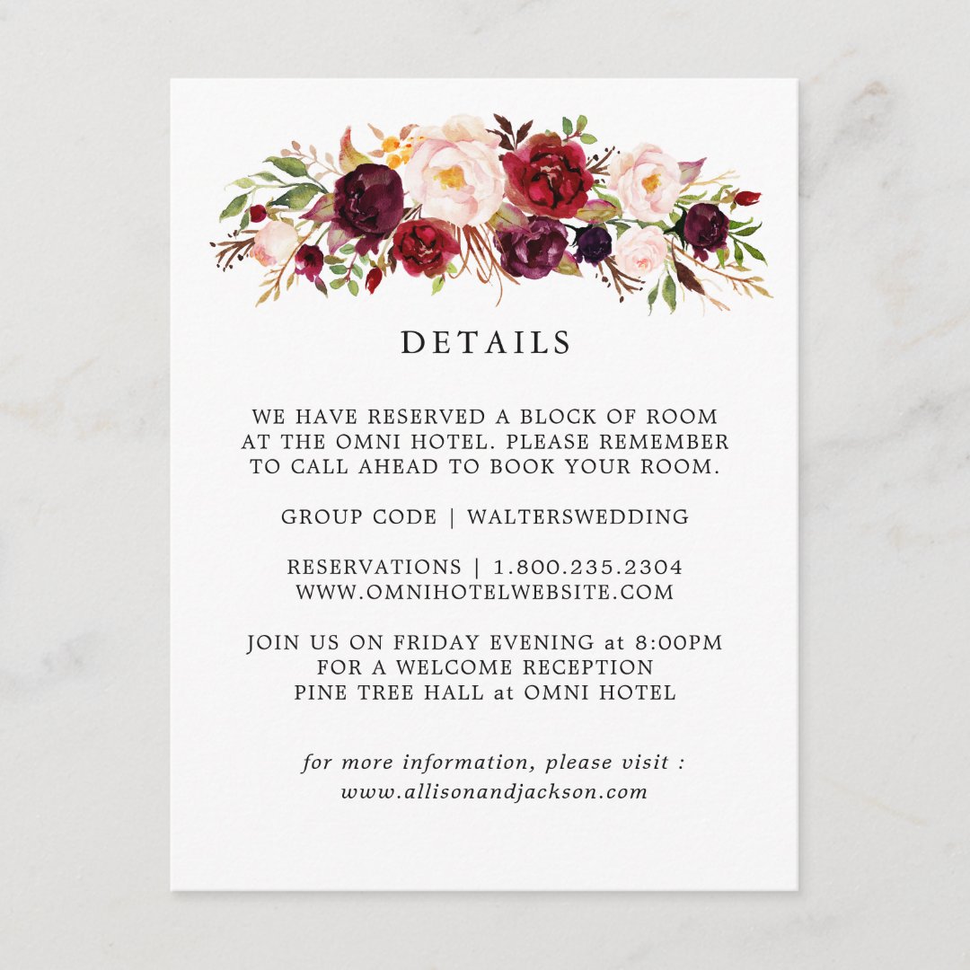 Marsala Burgundy Floral Wedding Details Cards | Zazzle