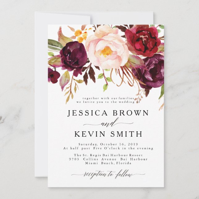 Marsala Burgundy Floral Wedding Invitation (Front)