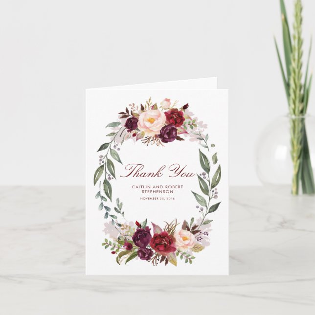 Marsala Burgundy Floral Wedding Thank You (Front)