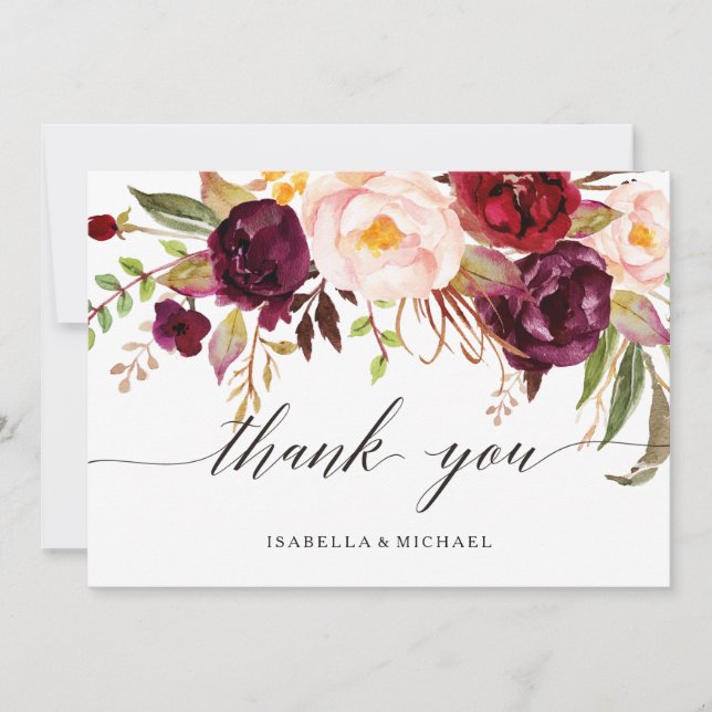 Marsala Burgundy Floral Wedding Thank You Card (Front)