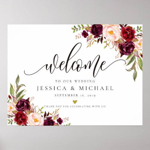 Marsala Burgundy Floral Wedding Welcome Sign