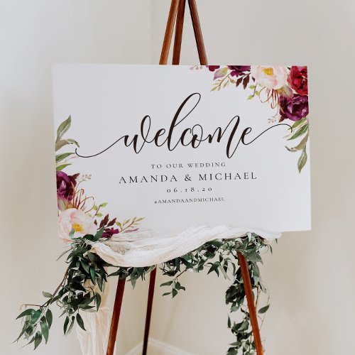 Marsala burgundy Floral Welcome Wedding Sign