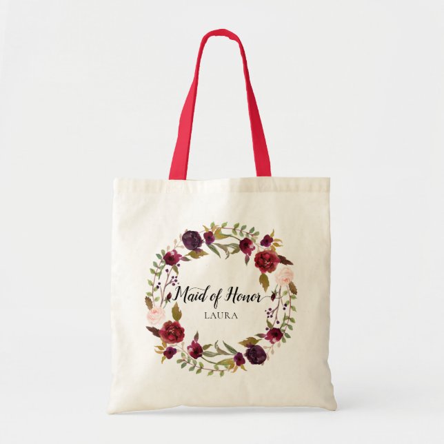 Marsala Burgundy Floral Wreath Maid of Honor Tote (Front)