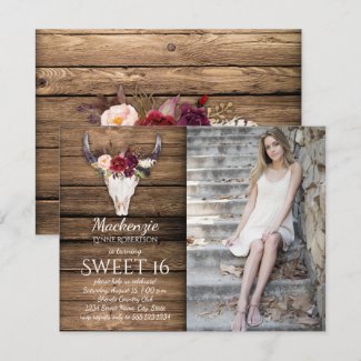 Marsala Burgundy Flowers Cow Skull Photo Sweet 16 Invitation