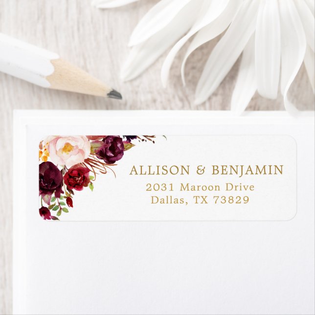 Marsala Burgundy Flowers Return Address Label (Insitu)