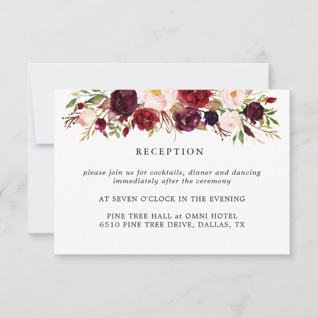 Marsala Burgundy Flowers Wedding Reception Card (Front)