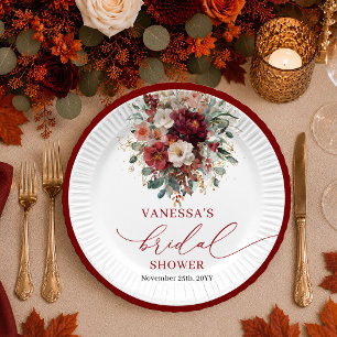 Marsala Burgundy Gold eucalyptus bridal shower pla Paper Plates