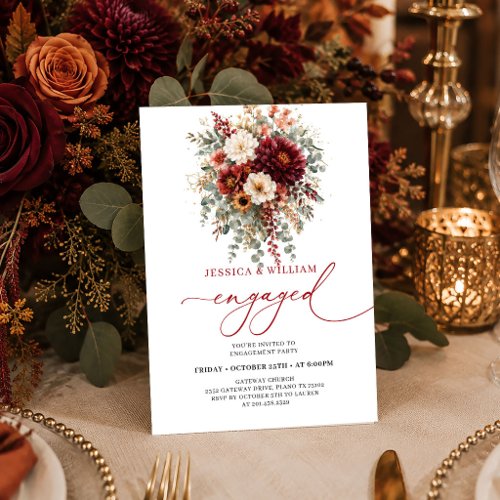 Marsala Burgundy Gold Eucalyptus Fall engagement i Invitation