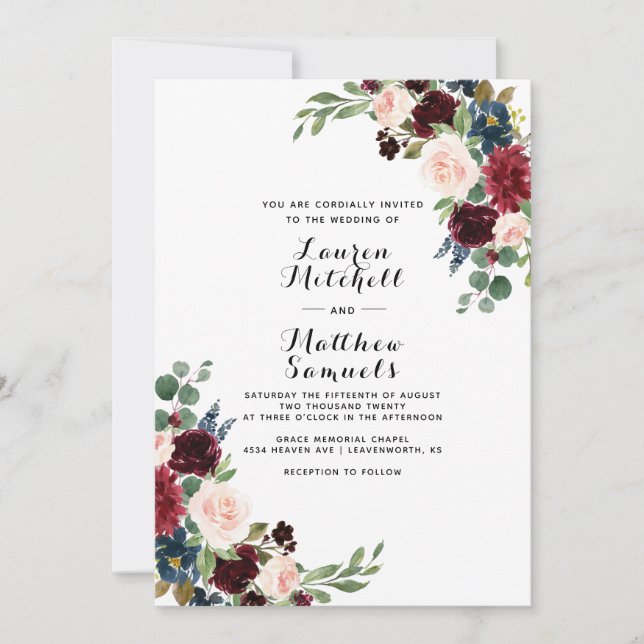 Marsala Burgundy Navy Wedding Invitation (Front)