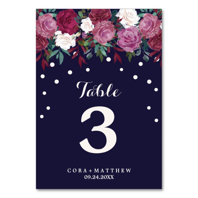 Marsala & Burgundy on Navy Wedding Table Number (Front)