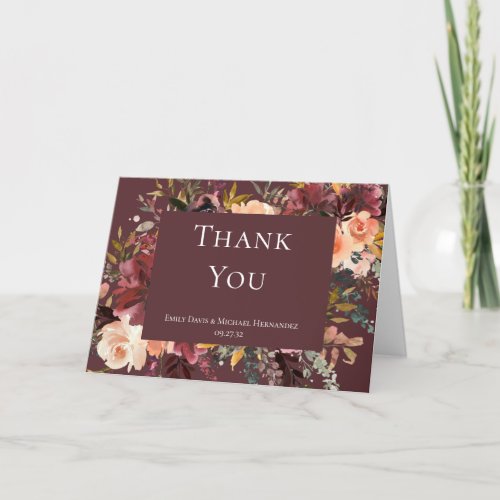 Marsala Burgundy Peach Watercolor Floral Thank You Card