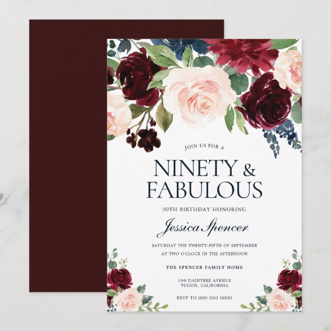 Marsala Burgundy Red Blush Floral 90th Birthday Invitation (Front/Back)