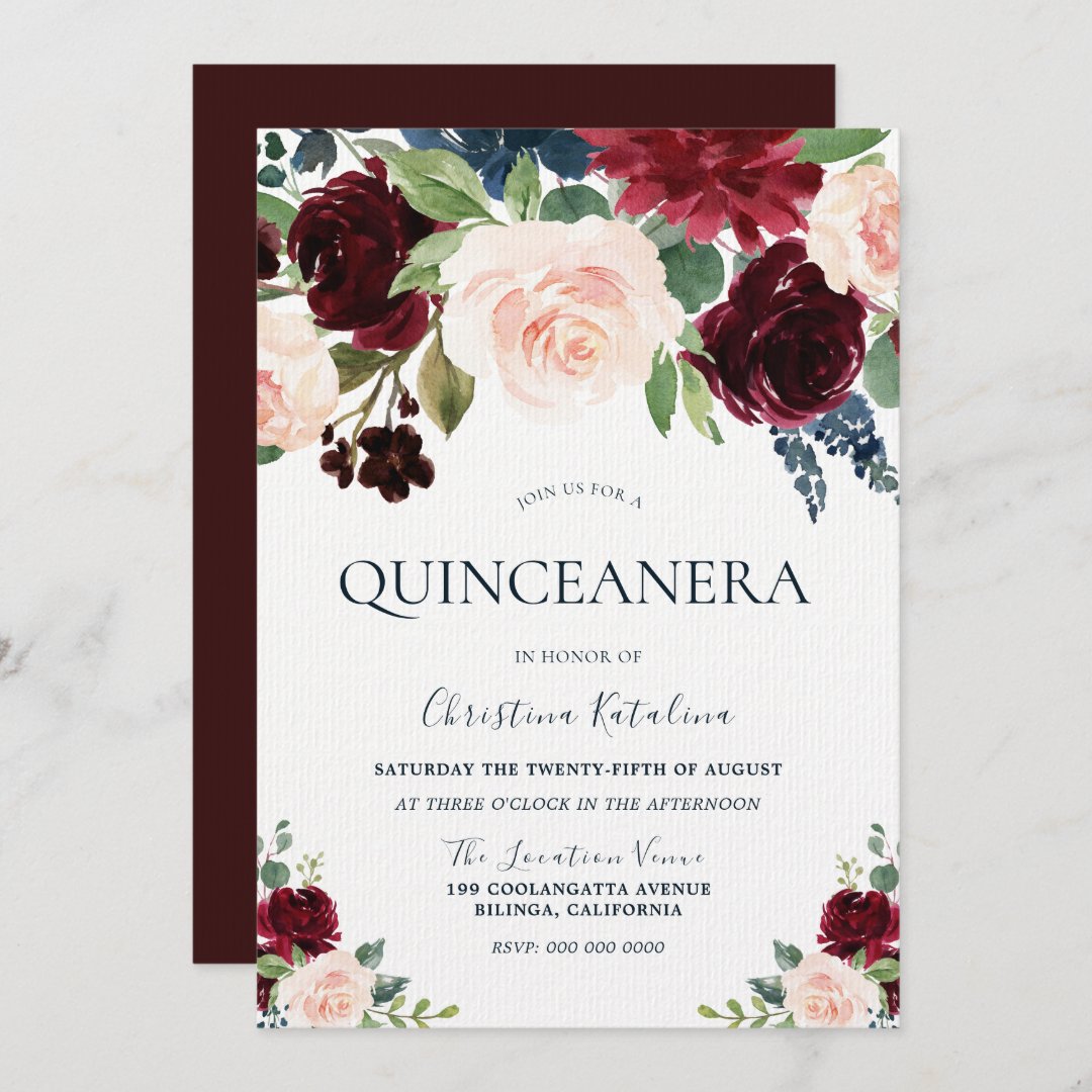 Marsala Burgundy Red Blush Floral Quinceanera Th Invitation Zazzle