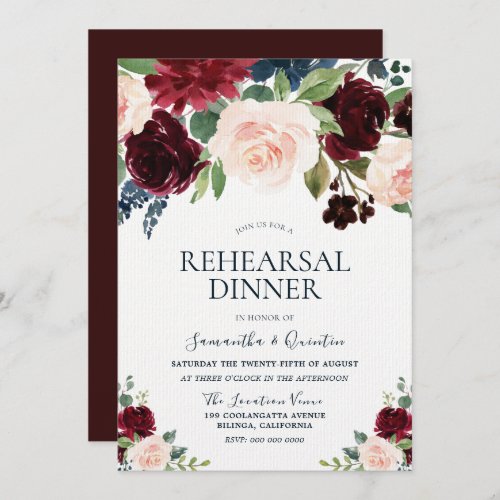 Marsala Burgundy Red Blush Floral Rehearsal Dinner Invitation
